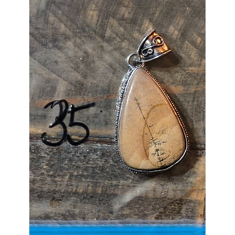 925 Sterling Silver Picture Jasper Teardrop Pendant Natural Stone 18g 2.25 tan